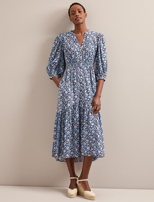 Aspen Cotton Blend Maxi Dress - Blue Ditsy Carnation Print