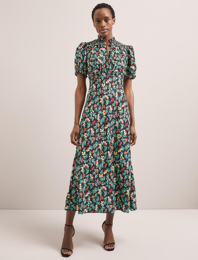 Irina Bias Cut Maxi Dress - Black Multi Tropical Floral Print