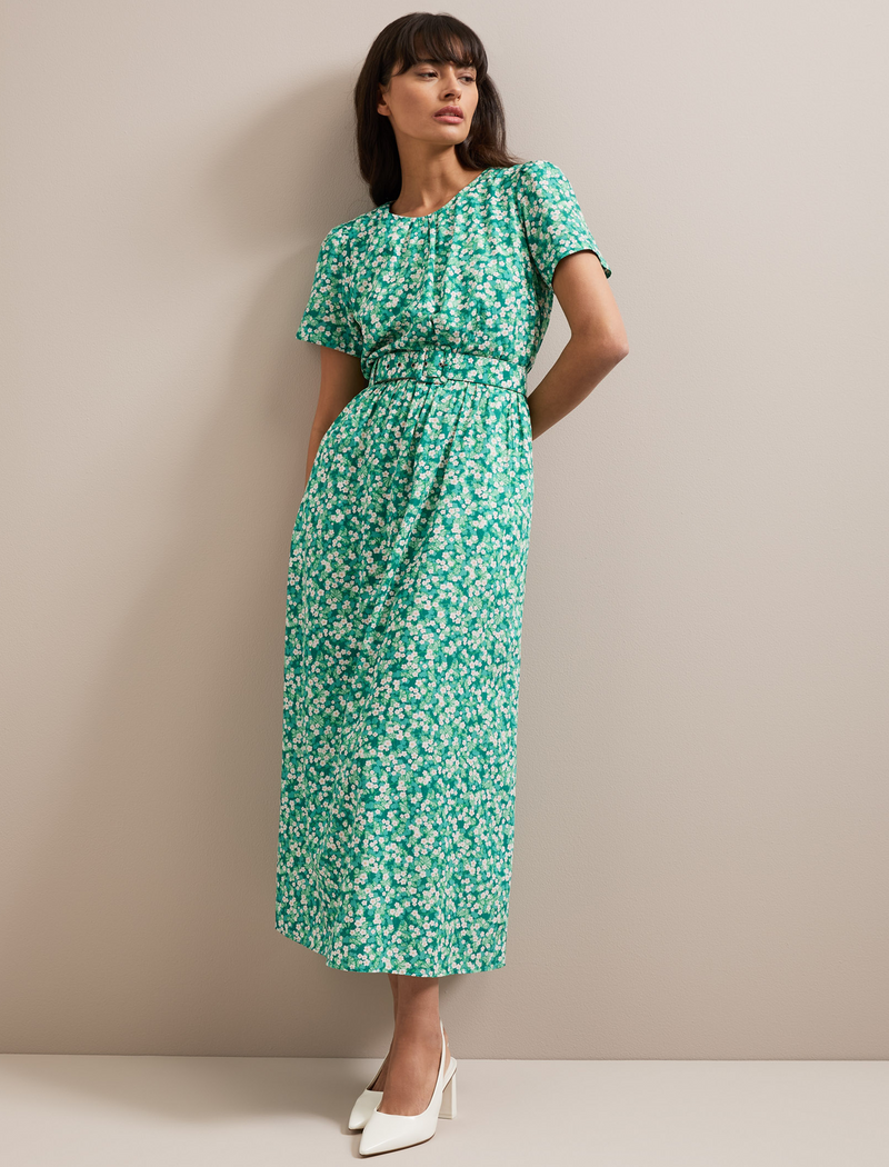 Nina Cotton Blend Maxi Dress - Mid Green Blossom Print