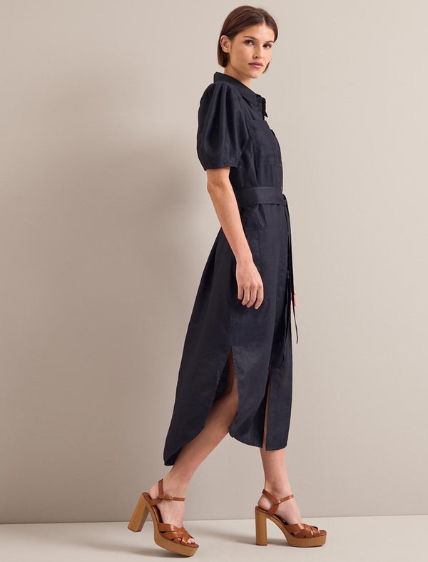 Lyra Techni Linen Maxi Shirt Dress - Navy