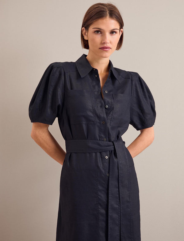 Lyra Techni Linen Maxi Shirt Dress - Navy