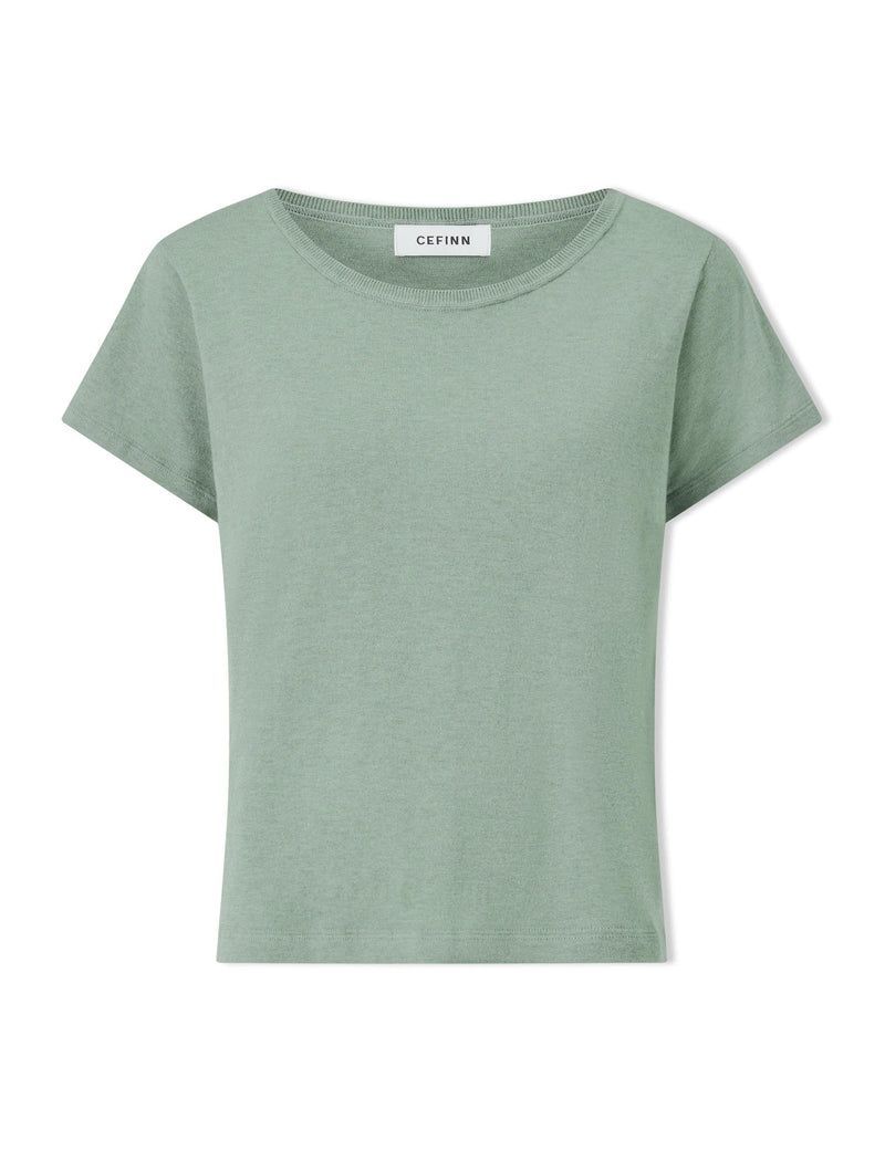 Madison Linen Blend Round Neck Knit T-Shirt - Sage Green