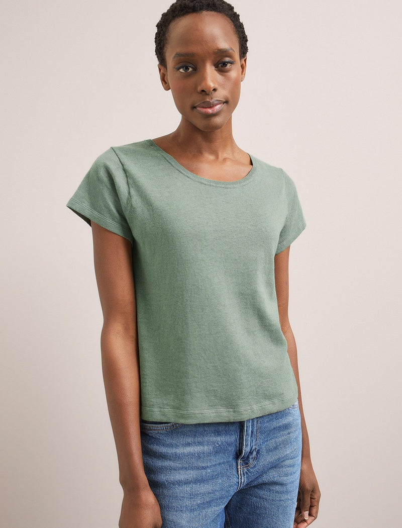 Madison Linen Blend Round Neck Knit T-Shirt - Sage Green