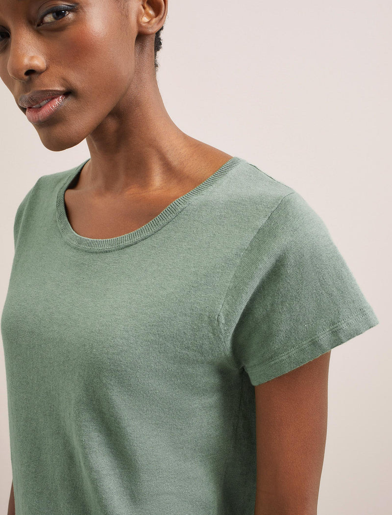 Madison Linen Blend Round Neck Knit T-Shirt - Sage Green