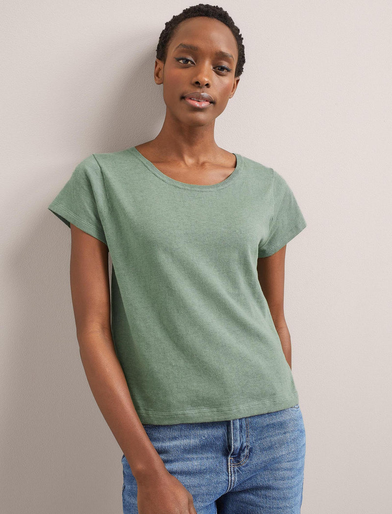 Madison Linen Blend Round Neck Knit T-Shirt - Sage Green