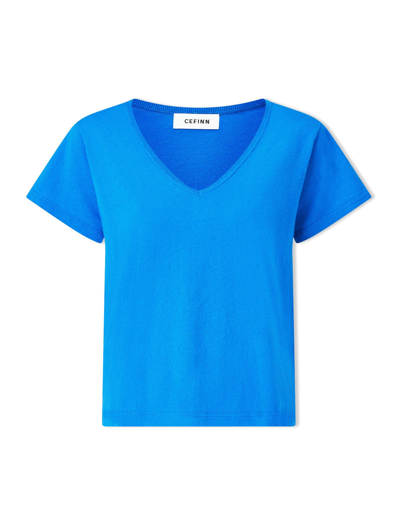 Madison Linen Blend V Neck Knit T-Shirt - Bright Blue