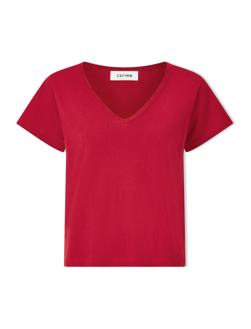Madison Linen Blend V Neck Knit T-Shirt - Red