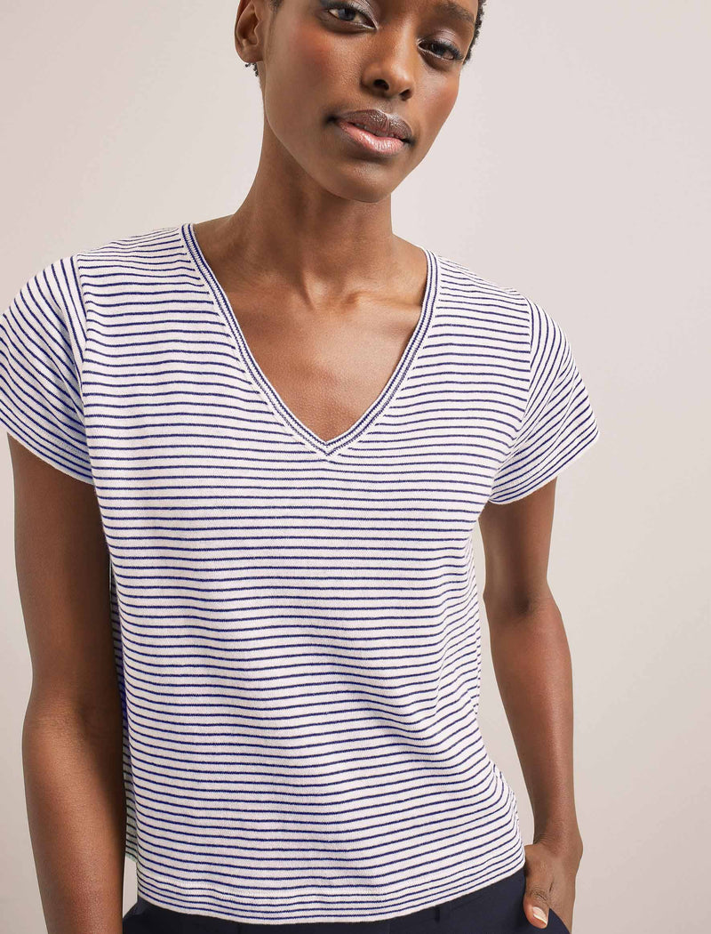 Madison Linen Blend V Neck Knit T-Shirt - White Navy Stripe