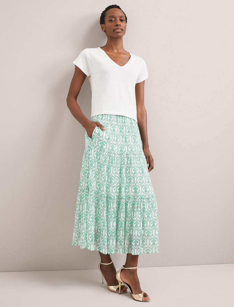 Sedra Gold Metallic Fil Coupé Maxi Skirt - Pale Green Carnation Print