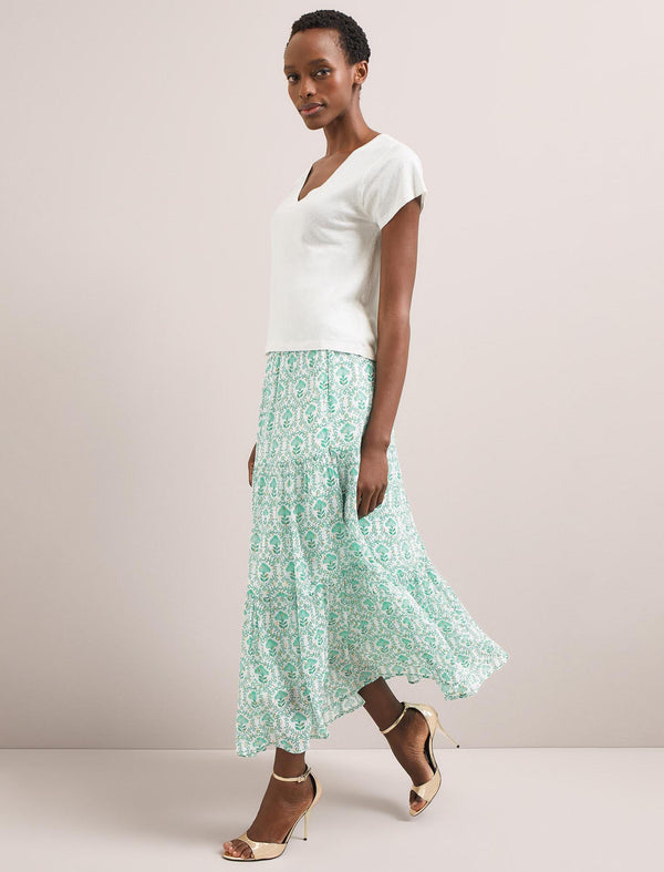 Sedra Gold Metallic Fil Coupé Maxi Skirt - Pale Green Carnation Print