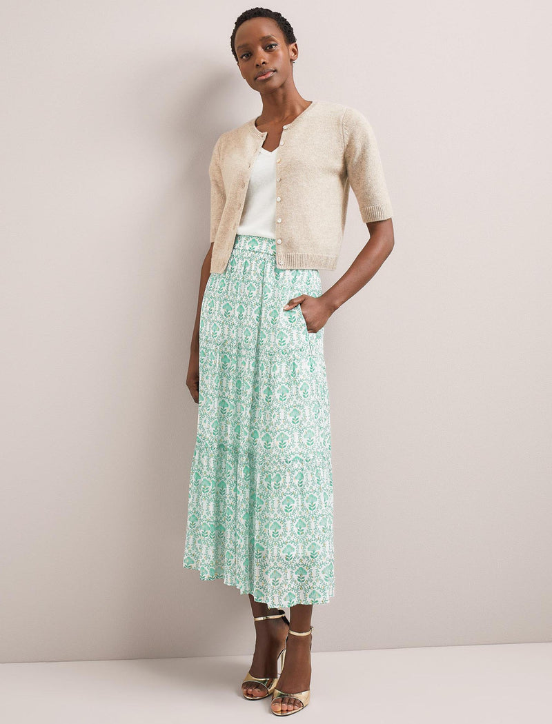 Sedra Gold Metallic Fil Coupé Maxi Skirt - Pale Green Carnation Print