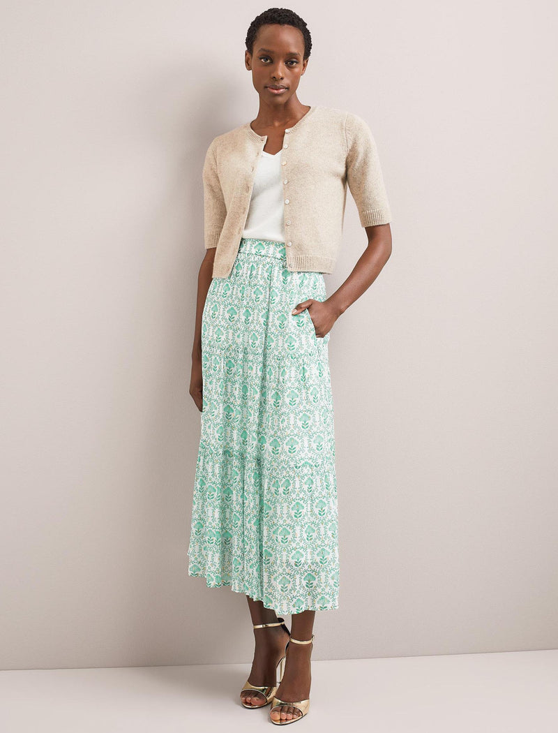 Sedra Gold Metallic Fil Coupé Maxi Skirt - Pale Green Carnation Print