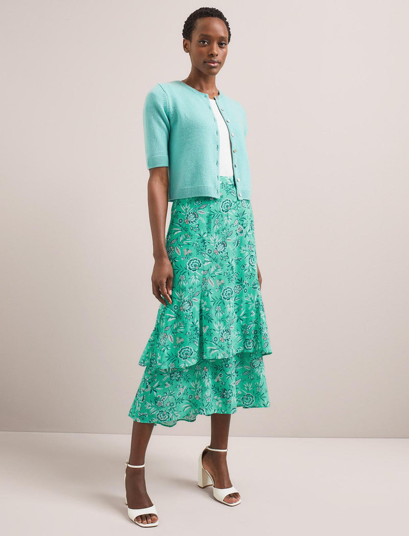 Lotta Cotton Blend Maxi Skirt - Green White Palm Floral