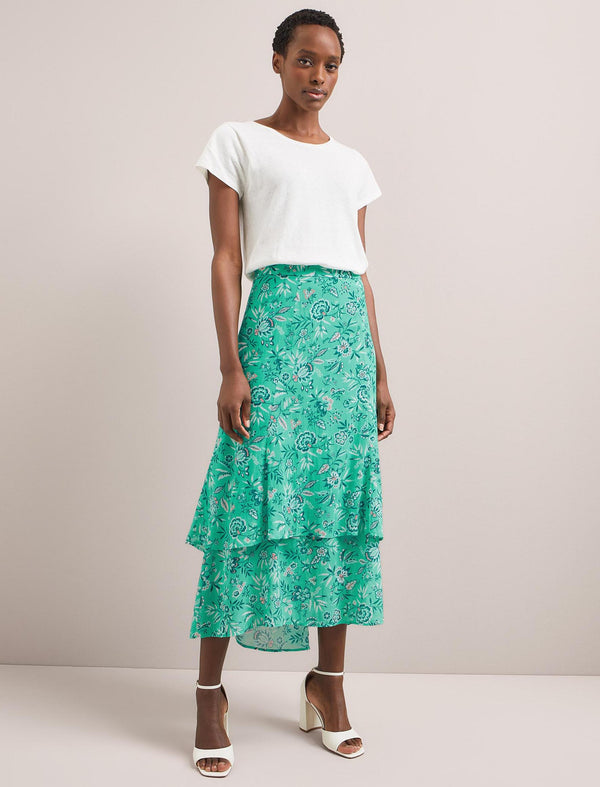 Lotta Cotton Blend Maxi Skirt - Green White Palm Floral