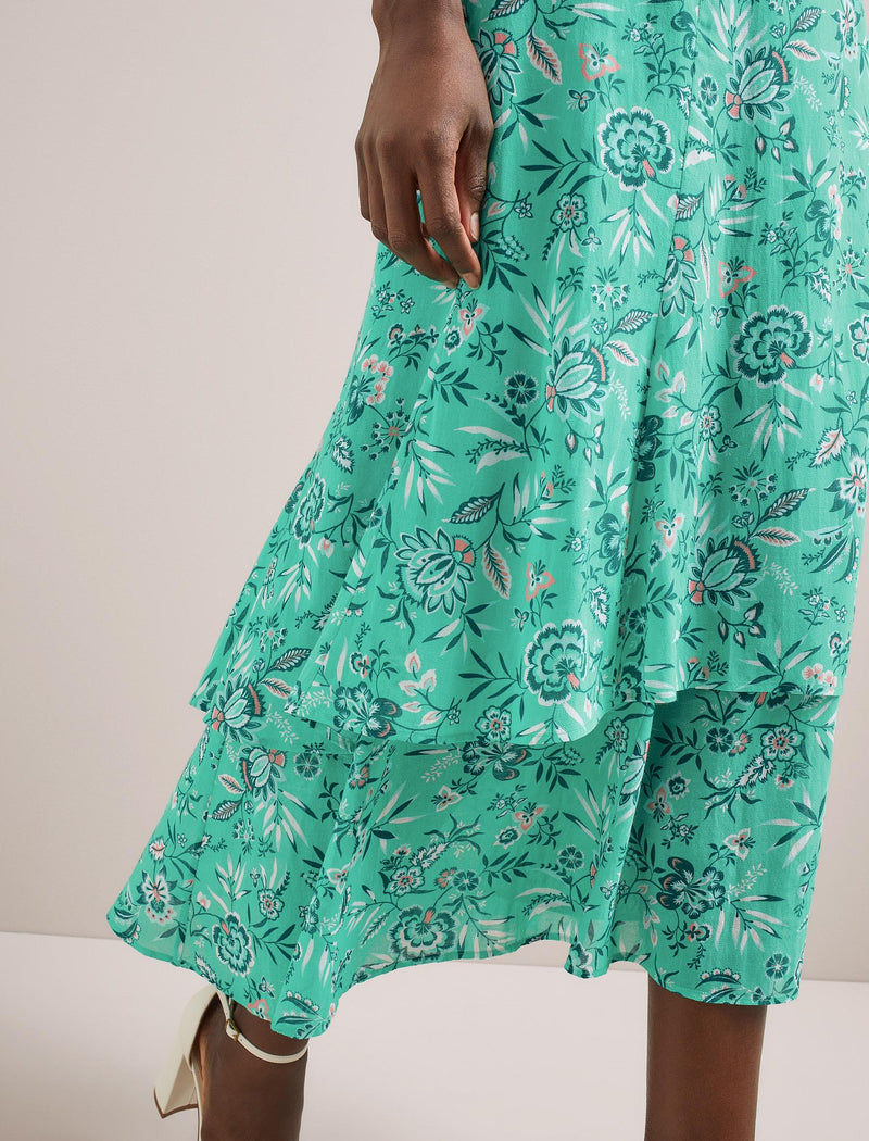 Lotta Cotton Blend Maxi Skirt - Green White Palm Floral