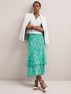 Lotta Cotton Blend Maxi Skirt - Green White Palm Floral