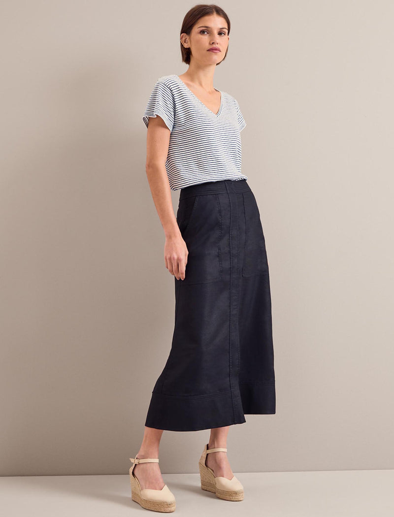 Safia Techni Linen Midi Skirt - Navy