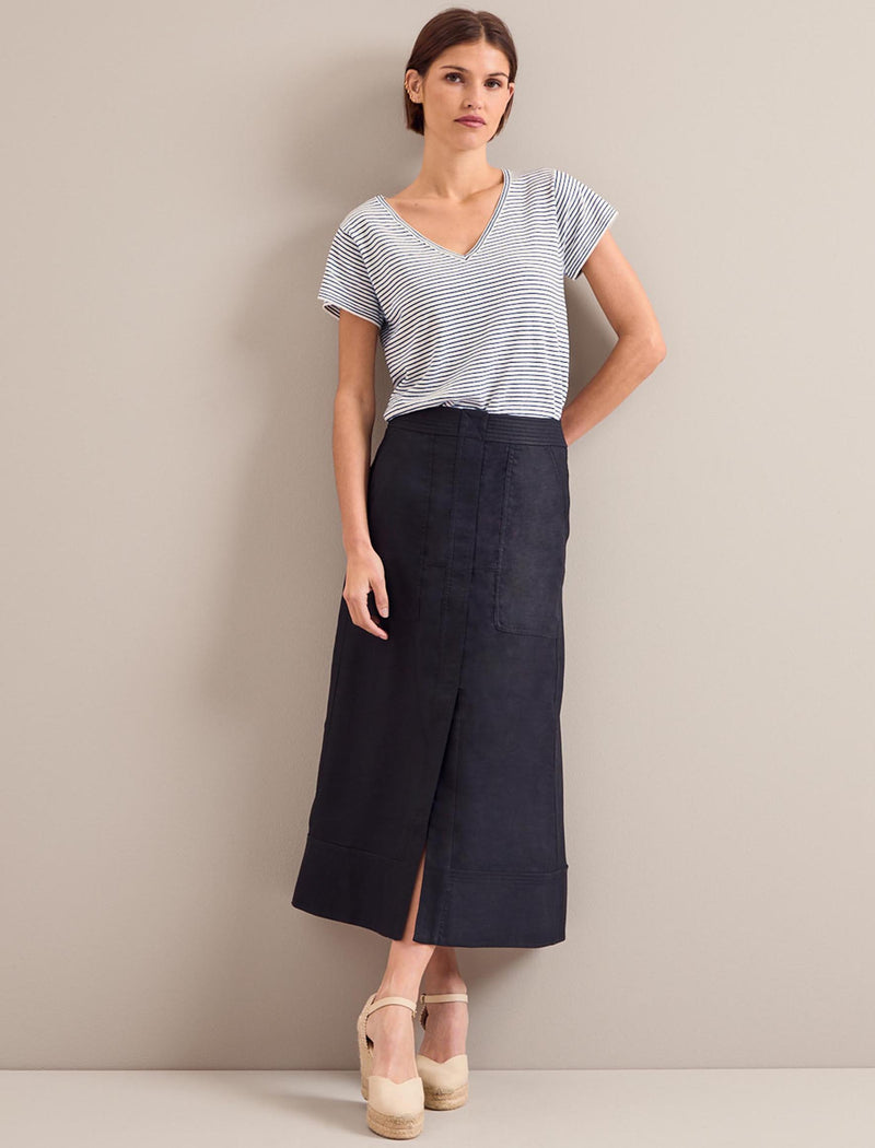 Safia Techni Linen Midi Skirt - Navy