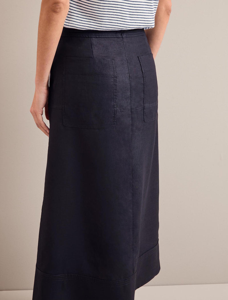 Safia Techni Linen Midi Skirt - Navy