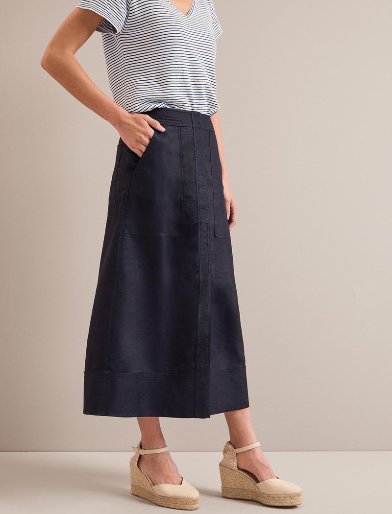 Safia Techni Linen Midi Skirt - Navy