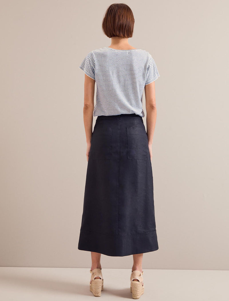 Safia Techni Linen Midi Skirt - Navy