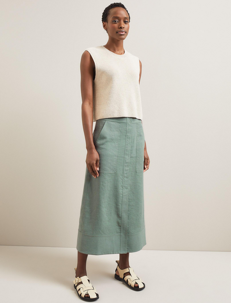 Safia Techni Linen Midi Skirt - Sage Green