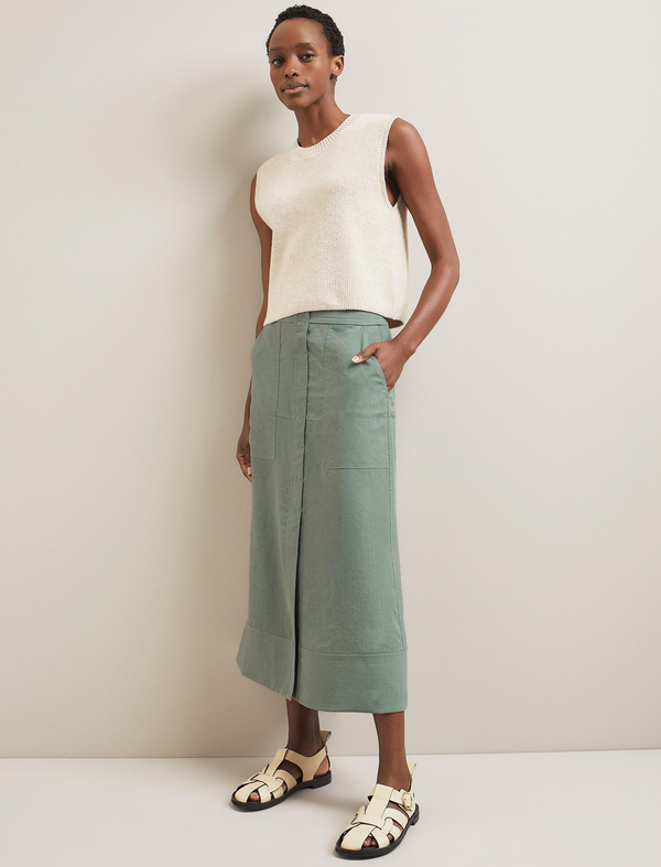 Safia Techni Linen Midi Skirt - Sage Green