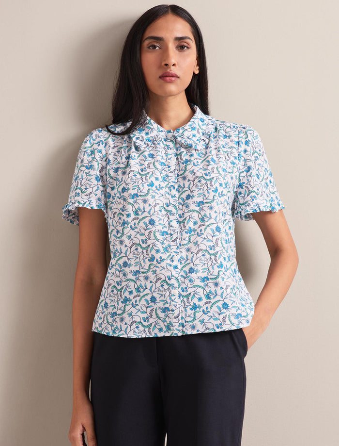 cefinn Kitty Silk Blend Blouse - Blue Trailing Feather Print Blouse