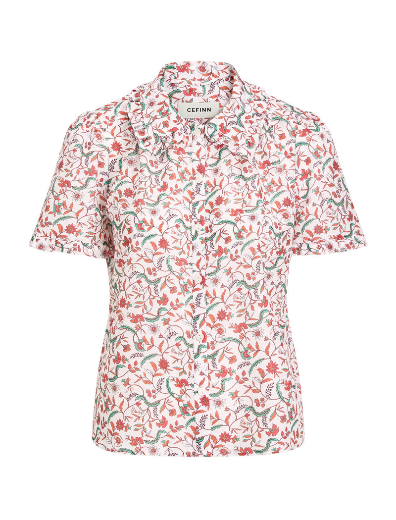 Kitty Silk Blend Blouse - Red Trailing Feather Print