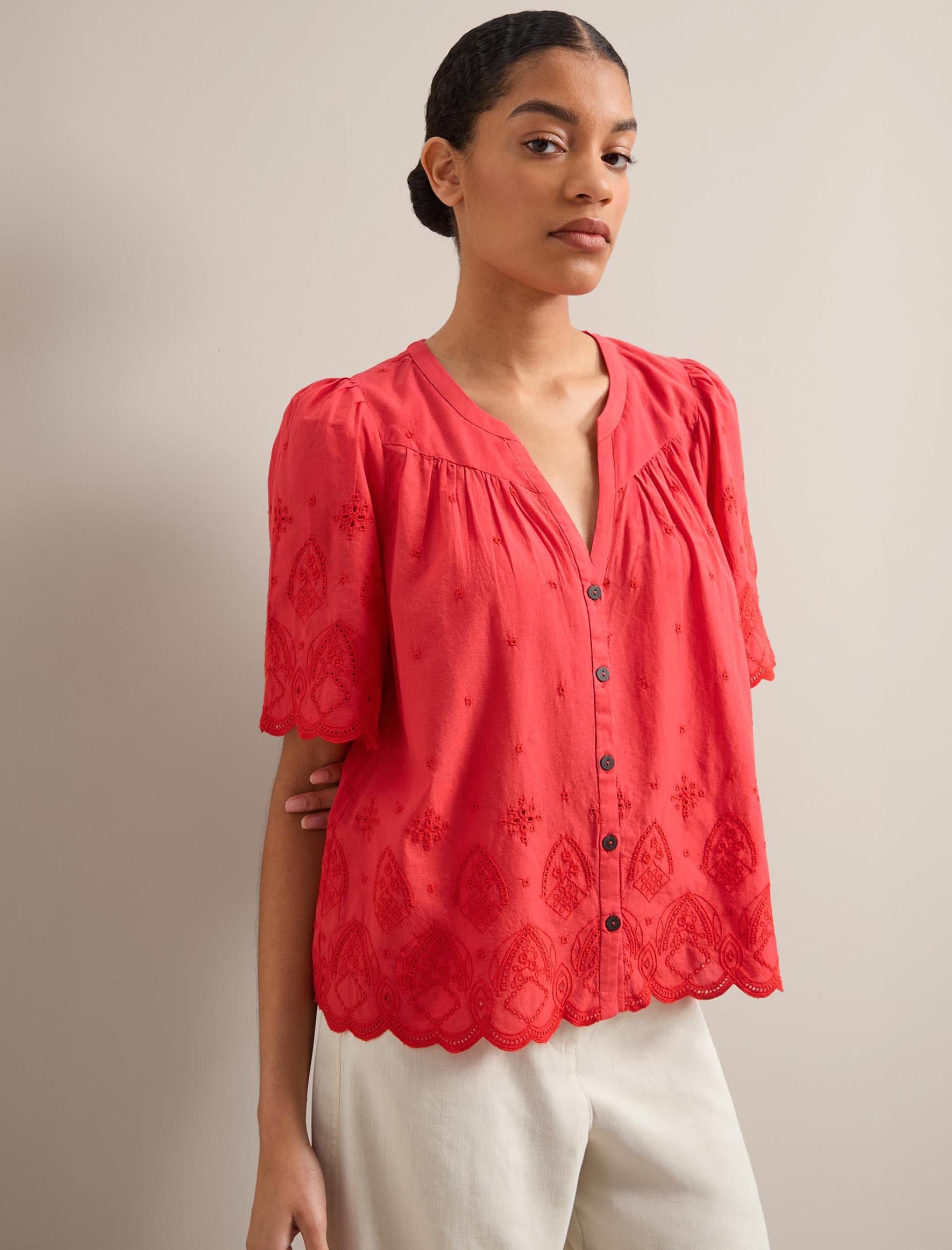 Bonnie Broderie Anglais Short Sleeve Blouse - Coral
