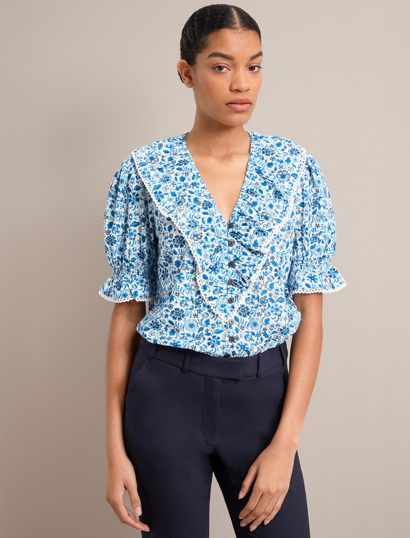 Bethany Cotton Blend Blouse - White Blue Ditsy Carnation Print