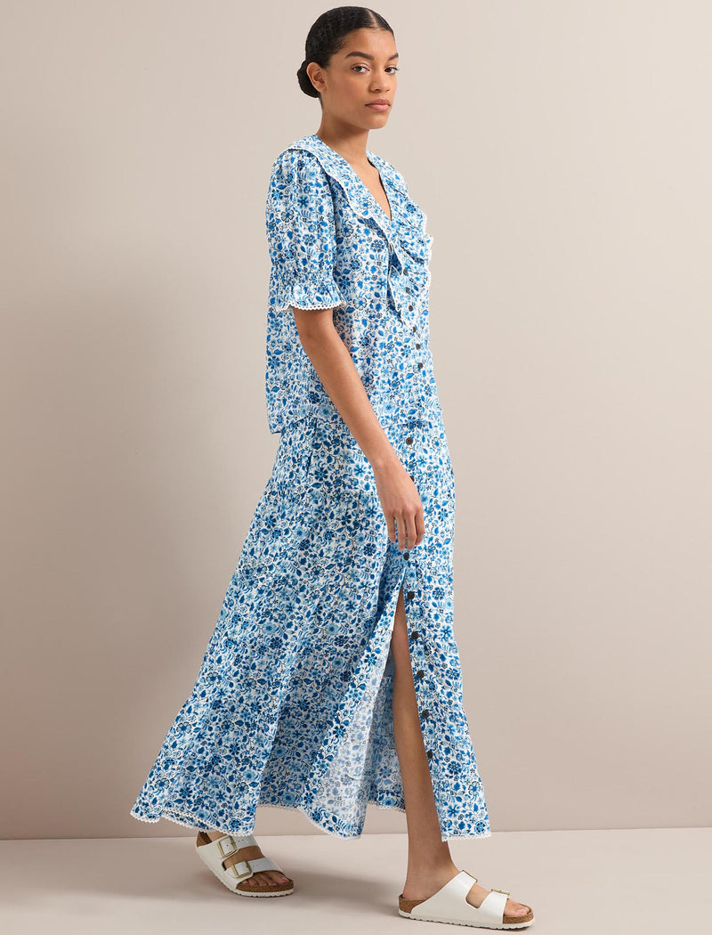 Bethany Cotton Blend Blouse - White Blue Ditsy Carnation Print