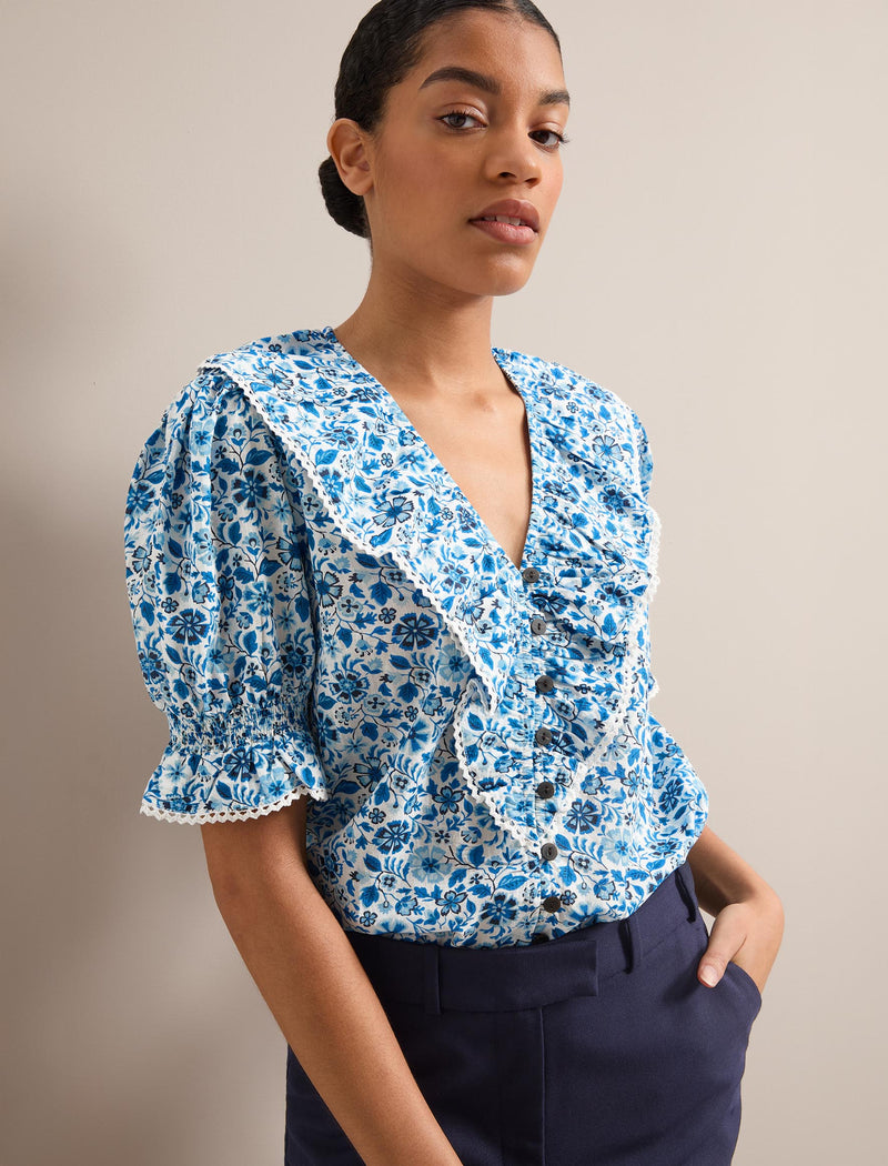 Bethany Cotton Blend Blouse - White Blue Ditsy Carnation Print