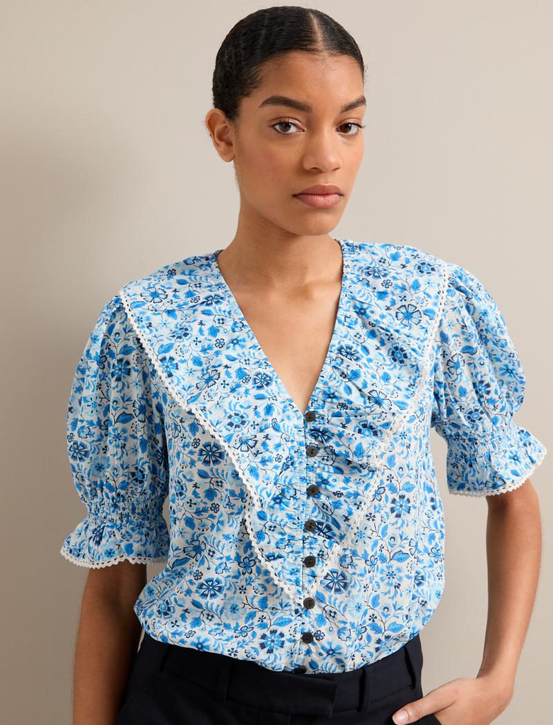 Bethany Cotton Blend Blouse - White Blue Ditsy Carnation Print