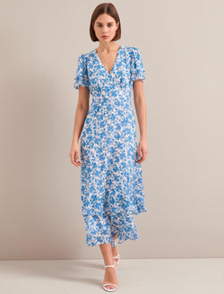Lotta Gold Metallic Fil Coupé Maxi Dress - White Blue Paisley Print