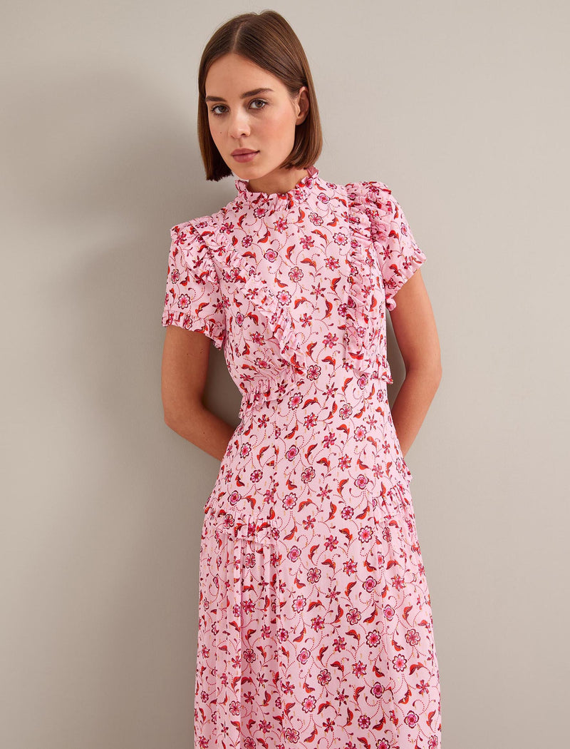 Mirabel Gold Metallic Fil Coupé Maxi Dress - Pink Floral Trellis Print