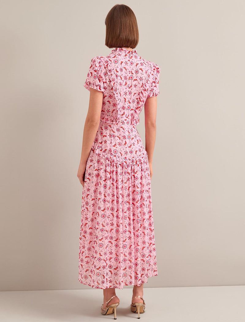 Mirabel Gold Metallic Fil Coupé Maxi Dress - Pink Floral Trellis Print