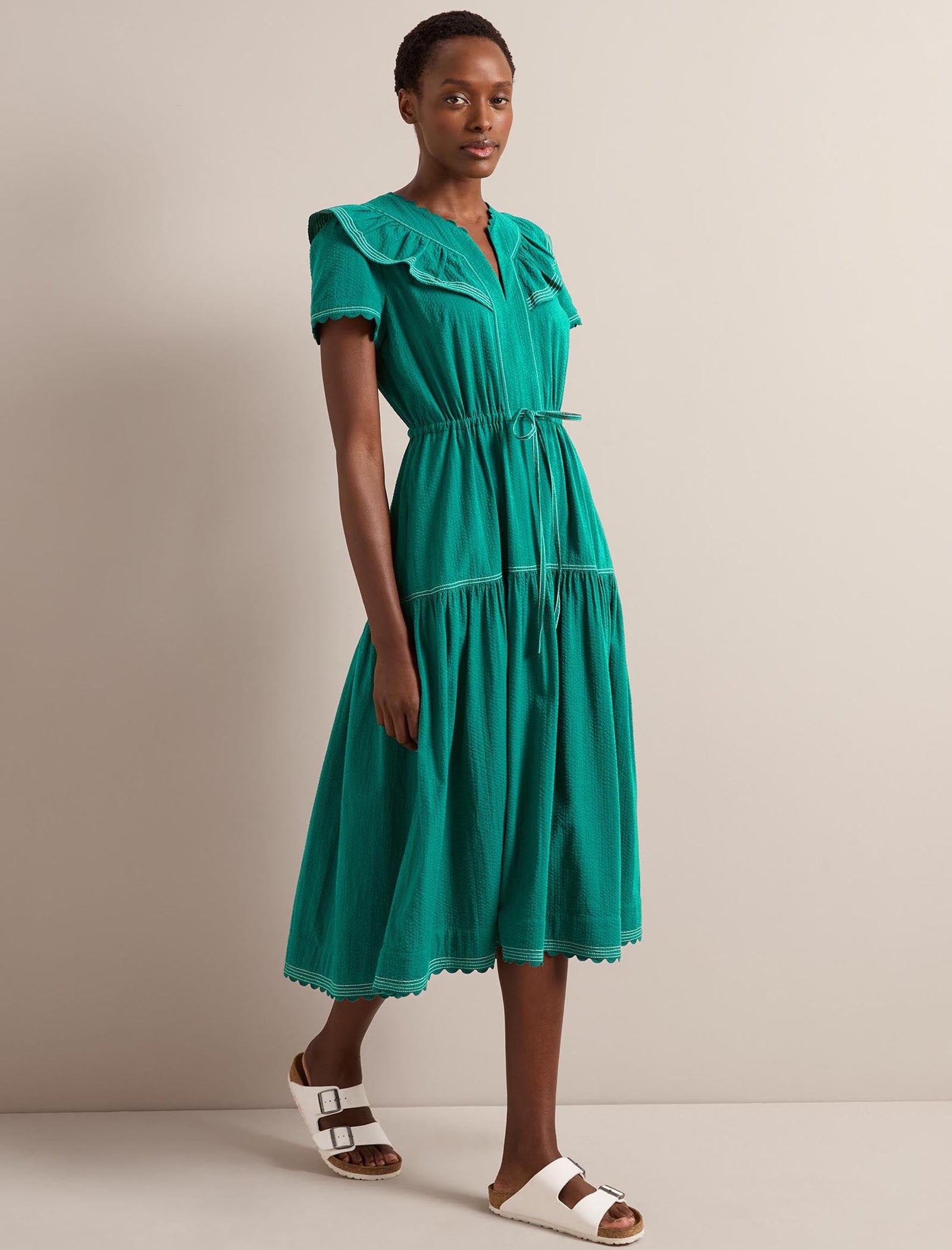 Nessa Seersucker Drawstring Maxi Dress - Dark Green