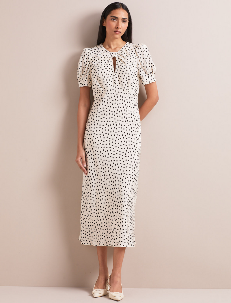 Valentina Bias Cut Midi Dress - Ecru Black Polka Dot Print