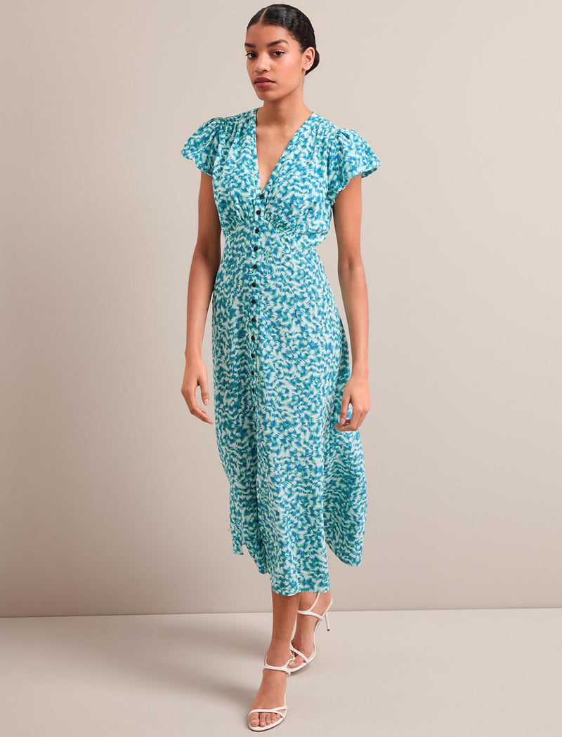 Leila Silk Maxi Dress - Blue Green Feather Print