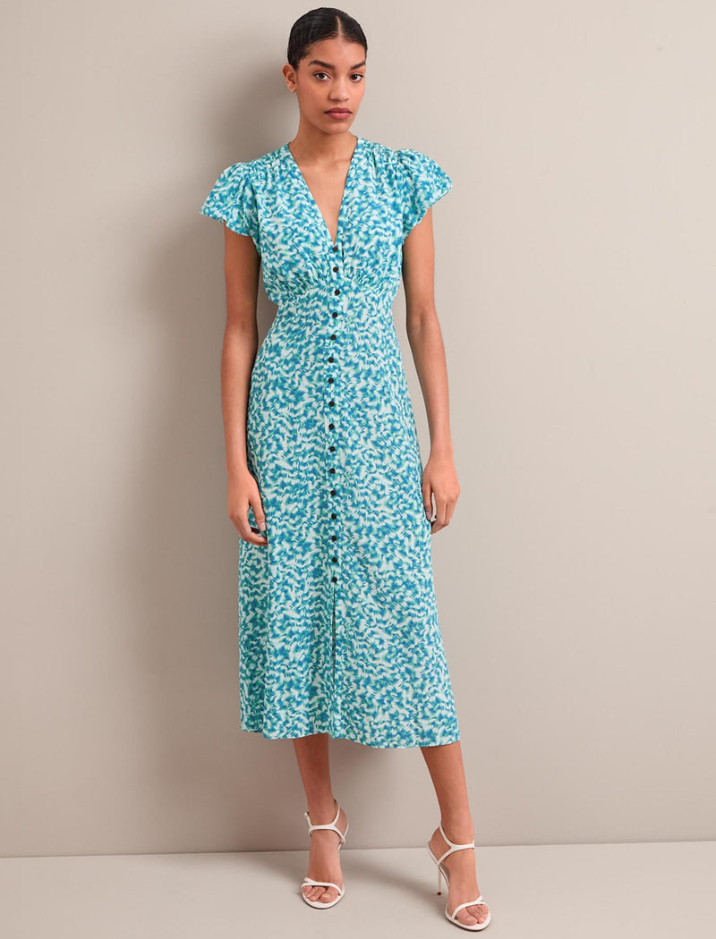 Leila Silk Maxi Dress - Blue Green Feather Print