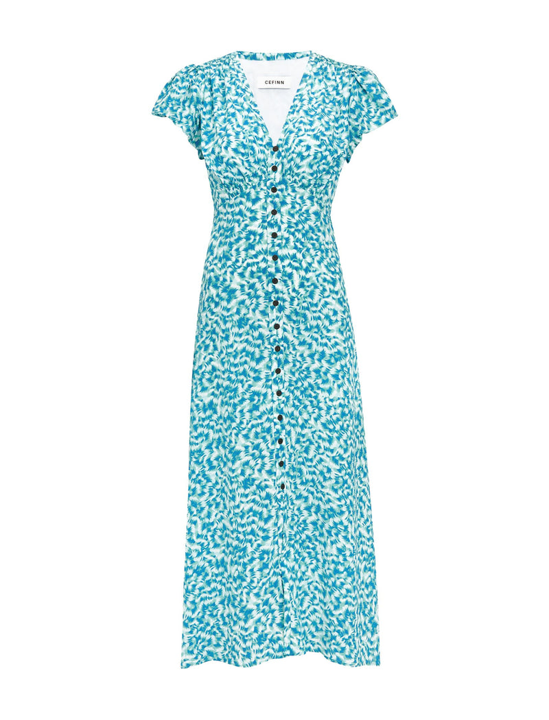 Leila Silk Maxi Dress - Blue Green Feather Print