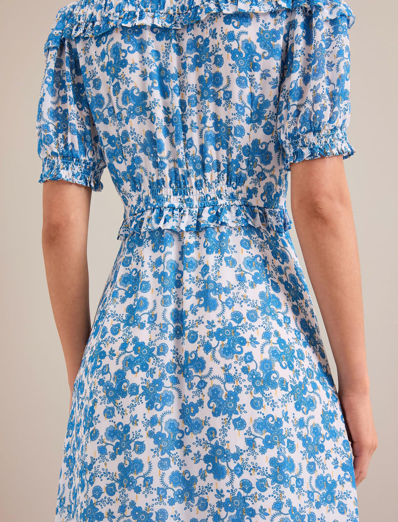 Viola Gold Metallic Fil Coupé Midi Dress - White Blue Paisley Print