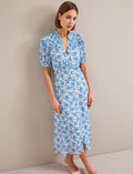 Viola Gold Metallic Fil Coupé Midi Dress - White Blue Paisley Print