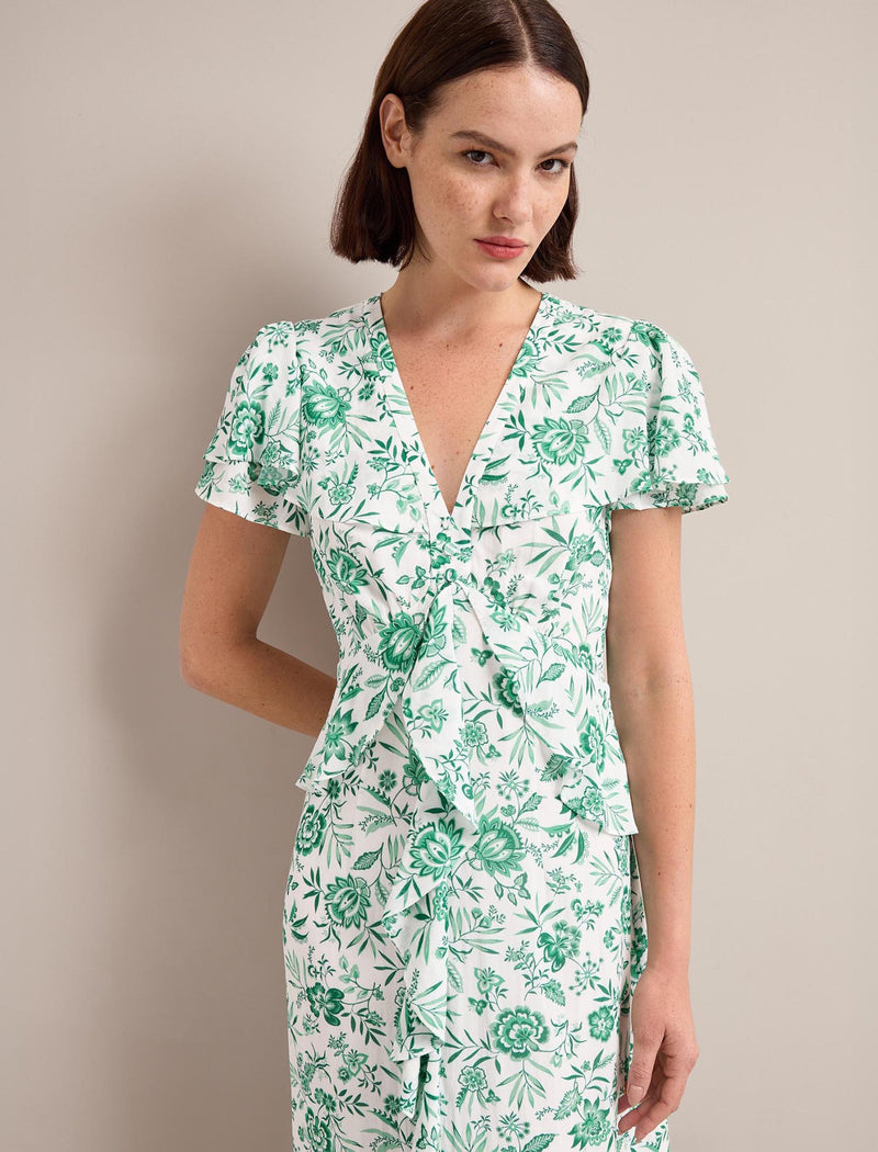 Vivienne Cotton Blend Maxi Dress - Green Palm Floral Print