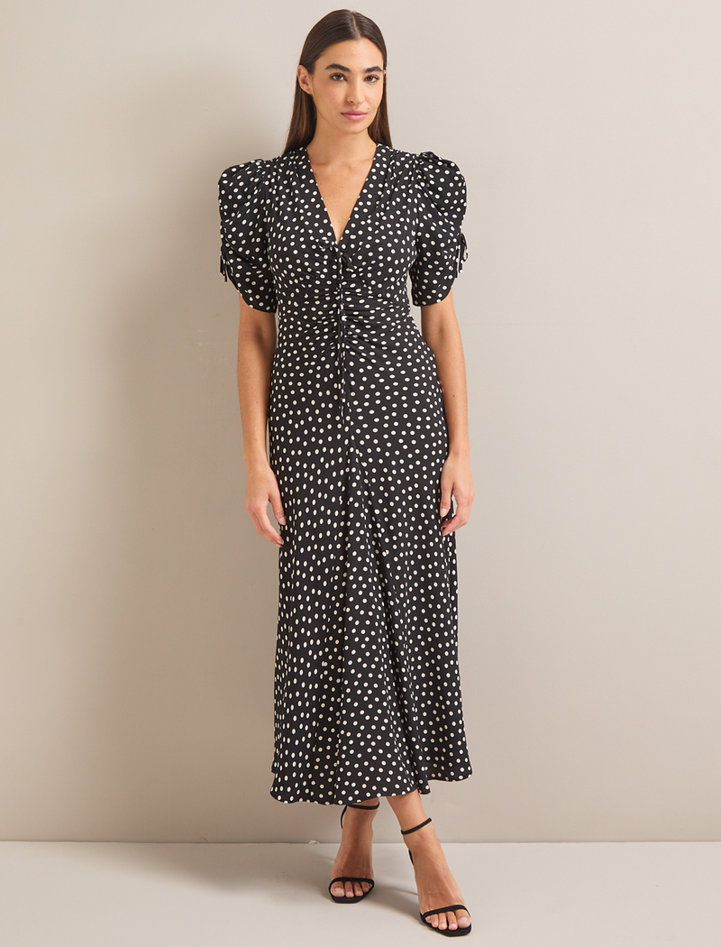 Ophelia Bias Cut Maxi Dress - Black Ecru Polka Dot Print