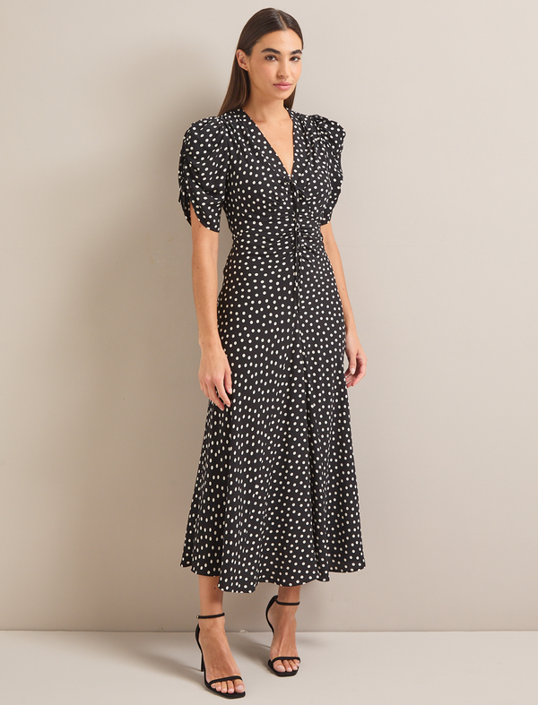 Ophelia Bias Cut Maxi Dress - Black Ecru Polka Dot Print