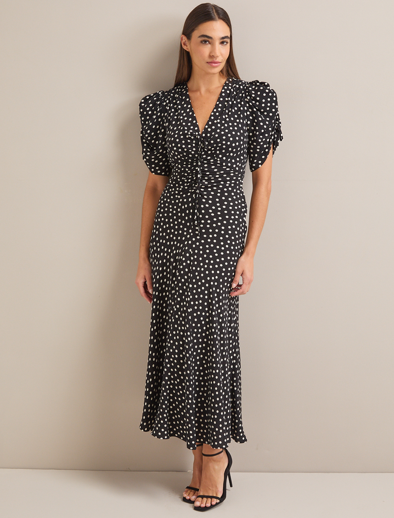Ophelia Bias Cut Maxi Dress - Black Ecru Polka Dot Print