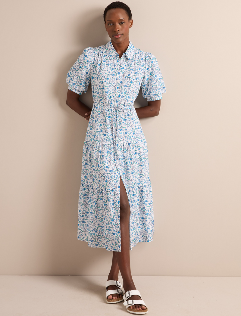 Poppy Silk Blend Maxi Dress - Blue Trailing Feather Print