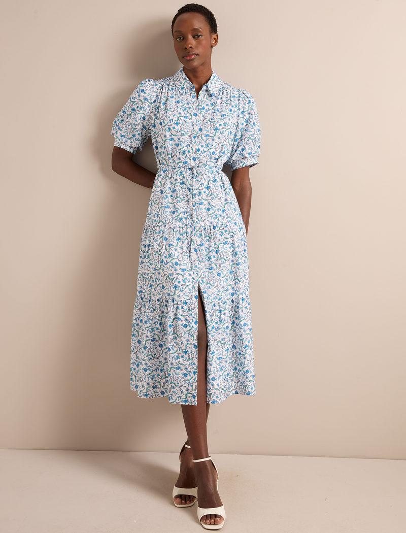 Poppy Silk Blend Maxi Dress - Blue Trailing Feather Print